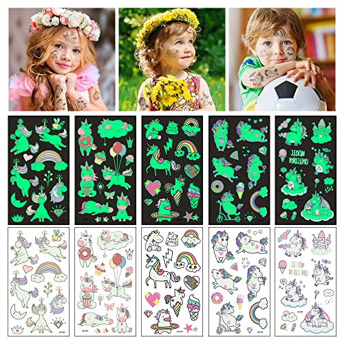 Aomig Tatouage Temporaire Enfant, 10 Feuilles Brillent Dans le Noir Lumineux Tatouage Sticker Ephémère, Fluorescent Mixte Tatouages Ephemere Kit, Cadea Décoration de Fête Garçon Fille(Licorne)