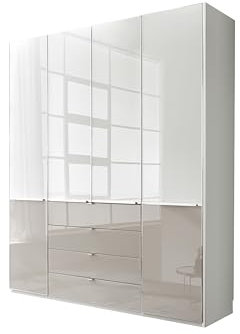 WIEMANN Drehtürenschrank mit 4 Schubkästen hochwertiger Kleiderschrank Schlafzimmerschrank 200cm breit, mit Schubladen, Glas Kieselgrau, Korpus Weiß, Höhe 216cm, Shanghai