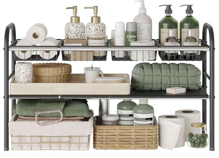 NETEL Under Sink Storage, 2-Tier Kitchen Organiser with 4 Metal Plates and 4 Baskets, Extendable Shelf