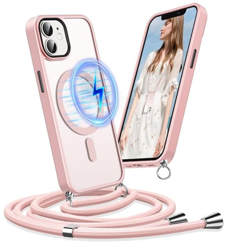 Buoluoioir per Magnetica Cover per Apple iPhone 11 con Cordino, Compatibile con MagSafe, Ultra Sottile Custodia con Laccio Tracolla,TPU Case con Collana per iPhone 11 6.1,Rosa