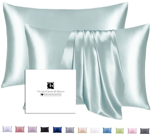 Ravmix Silk Pillowcase for Hair and Skin 21Momme Both Sides Mulberry Silk Pillow Case with Hidden Zipper, 2 Pack, Standard 50×75 CM, Aqua