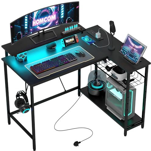 HOMCOM L Shaped Gaming Desk with LED Lights, Power Outlet, USB Charging Ports, 107cm Reversible Corner Computer Desk with Storage Shelves, Monitor Stand for Home Office, Small Space, Black