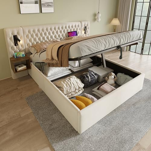 Zravenna Polsterbett 160x200 mit Bettkasten, Boxspringbett Stauraumbett mit 2 Nachttischen und Multifunktionales Kopfteil, Bettanlage Schlafzimmer Komplett Set, Doppelbett, Samt, Beige