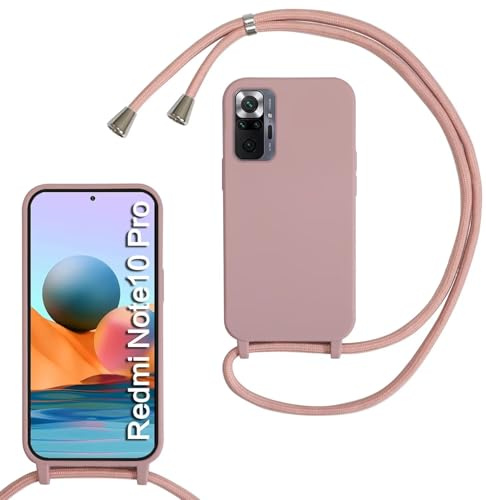 xinyunew Handykette für Xiaomi Redmi Note 10 Pro Hülle mit Band, Handyhülle mit Schnur zum Umhängen, weiche TPU Silikonhülle mit Band [abnehmbar] Halskettenhülle für Xiaomi Redmi Note 10 Pro-Tiefrosa