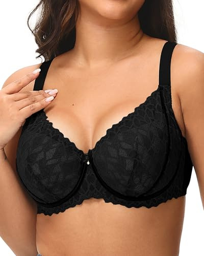 Svmer Womens Lace Bra Plus Size Ladies Support Underwire Push Up Brassiere | Comfortable, Wide Shoulder Straps, Underwire Support, Sexy Leaf Patterned Lace, Side Wings Full Coverage, Hide Side Fat