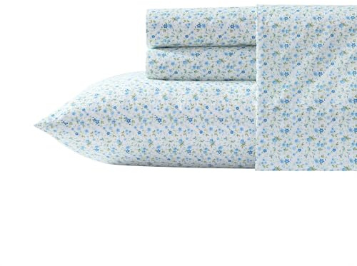 Laura Ashley - Queen Sheets, Super Soft Cotton Percale Bedding Set with Match Pillowcases, Breathable Essentials (Evie Blue, Queen)