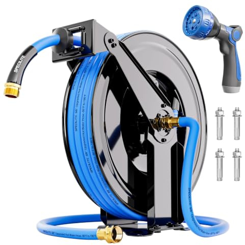SPECILITE Retractable Garden Hose Reel with 5/8 50ft Hot/Cold Water Pipe | -50℉ -190℉, Heavy Duty Metal Wall Mount Spool,One Piece All Steel Struction, with 6ft Lead Hoses,for Garage, Yard, Outdoor