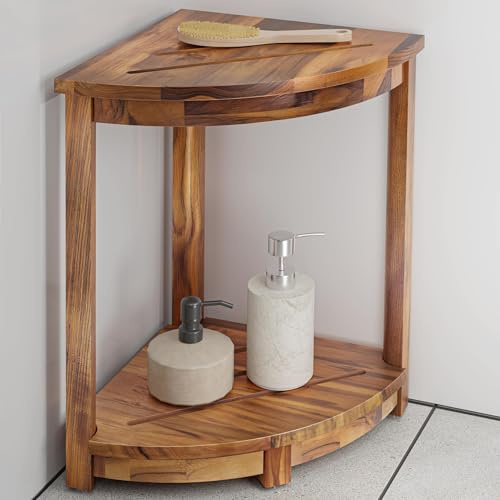 HOLANA 18 Teak Corner Shower Stool for Inside Shower – Teak Corner Shower Bench with Storage Shelf – Shower Foot Rest and Shower Stool for Shaving Legs – Compact Shower Stool for Indoor Use
