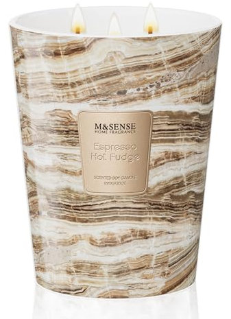 M&SENSE Duftkerze im Glas Groß 990g|Kaffee-Karamell Duft|150h Brenndauer & 3 Docht|Natürliche Sojawachs Duftkerzen|Entspannende Aromatherapie | Geschenk für Frauen & Männer,Modern Marble Jar
