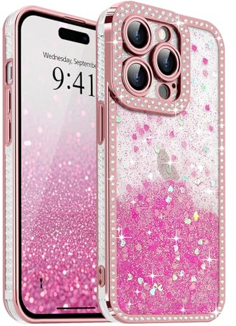 Ethanger for Sparkling Gradient Glitter Case for iPhone 14 Pro Max, Crystal Rhinestone Border Heart Back Cover for Girl Women Shockproof Soft TPU Cover for iPhone 14 Pro Max, Rose Red