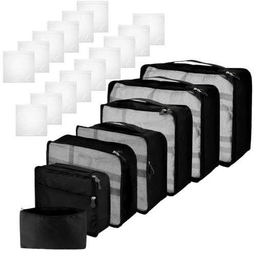 7× Koffer Organizer und 15× Handgepäck Flüssigkeiten (20 x 20 cm), Organizer für Koffer und Rucksäcke sowie von Fluggesellschaften zugelassene Handgepäck Kulturbeutel für Flugreisen (Schwarz 22 Pcs)