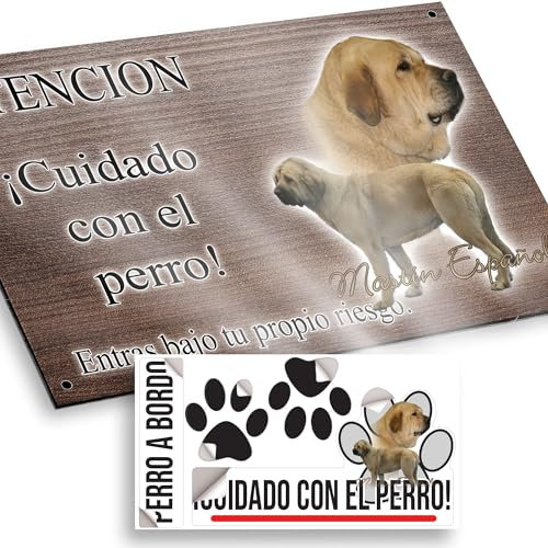 Mastín Español Cartel Cuidado Perro Peligroso 20x12,5cm - Diseño Madera Marrón Dibond con Pegatina Coche 20x5cm
