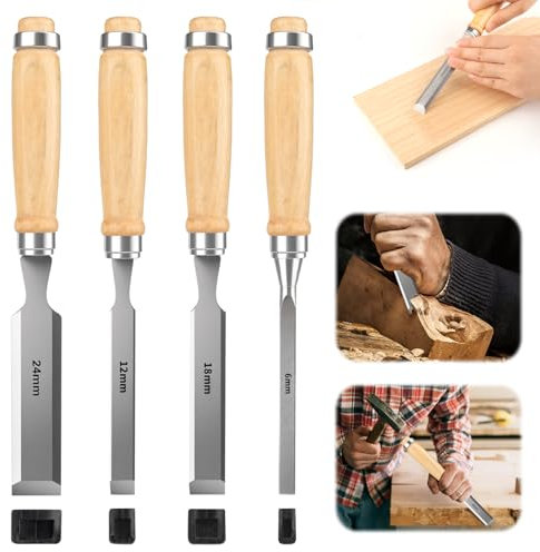4 Tlg. Stechbeitel Set für Holz – Hochwertige Stemmeisen Holz Aus Gehärtetem Kohlenstoffstahl mit Holzgriff – Holzbearbeitungswerkzeuge für Präzises Arbeiten 6/12/18/24mm