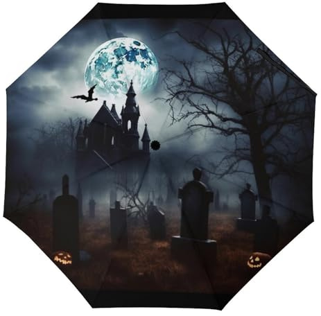BVKWNTSA Winddichter Reise-Regenschirm, Gothic, Happy Halloween, kompakt, leicht, automatisch, stabil und tragbar, mit Schirmabdeckung, geeignet für Männer und Frauen