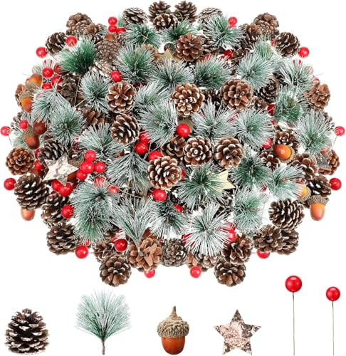 LATERN 108 Stück Weihnachtliches Künstlichen Tannenzapfen und Roten Beeren Set, 24 Tannenzapfen, 12 Kiefernzweige, 12 Eicheln, 12 Holzsterne, 48 Rote Beeren - Basteln Weihnachtskranz Baumschmuck