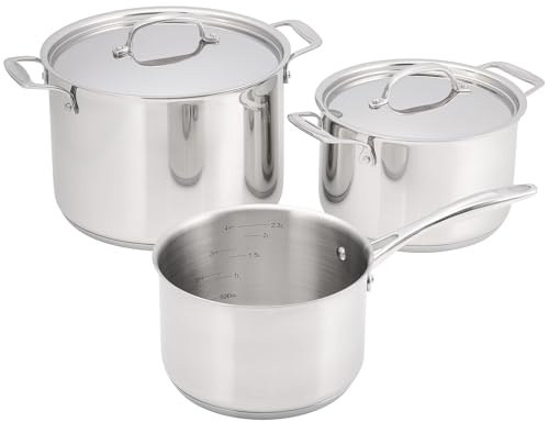 Stellar Profile 3-Piece Cookware Set – 18cm Saucepan (No Lid), 20cm Casserole, 24cm Stockpot – Induction Ready, 18/10 Stainless Steel, High Conductivity Base, Oven & Dishwasher Safe