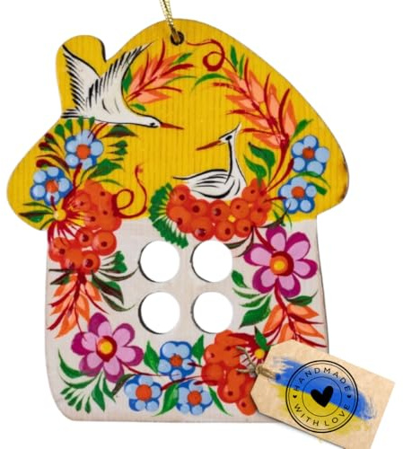 Tetera y taza pintadas a mano para árbol de Navidad, diseño tradicional ruso de flores, color naranja