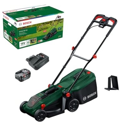 Bosch Rasaerba a batteria ROTAK18V-32 | larghezza taglio: 32 cm, altezza taglio: 25-65 mm, sacco tessuto 35 l, tappo pacciame, incl. batteria e caricatore