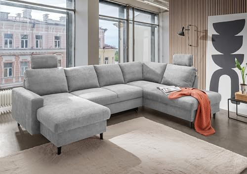 möbelando Wohnlandschaft Pris U-Form Grau – 305 cm XXL Sofa mit Ausziehfunktion, Staukasten & strapazierfähigem Bezug – Modernes Wohnzimmer-Möbel für Komfort & Stil