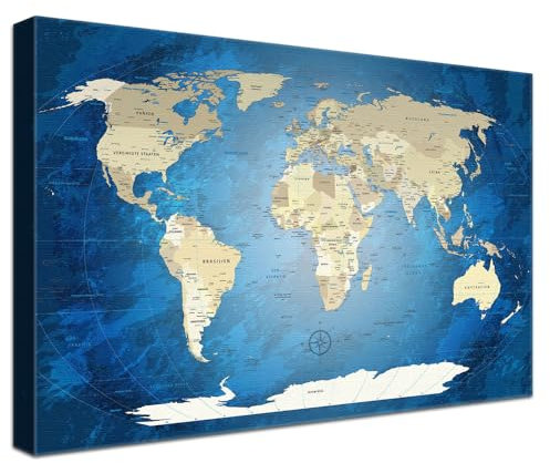 LANA KK Stilvolle Pinnwand Weltkarte - Blue Ocean - Deutsch in 100 x 70 cm, stabile Rückwand zum Pinnen inkl. Starterkit - Leinwand-Kunstdruck Wandbild Landkarte XXL