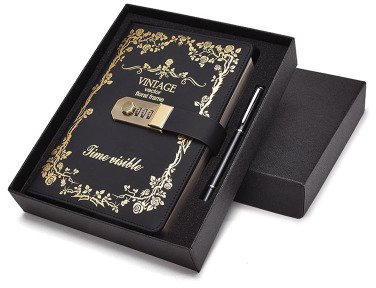 mruiks A5 Größe Vintage Lock Notebook PU Leder Passwort Notebook mit Zahlenschloss nachfüllbar Student Diary Book npn114 Black with pen and gift box