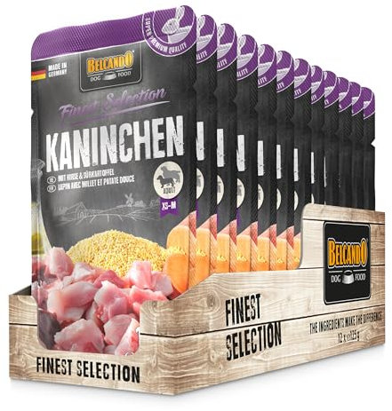 BELCANDO Frischebeutel [12x125g Kaninchen mit Hirse & Süßkartoffel] | Nassfutter für Hunde | Feuchtfutter Alleinfutter im Einzelportionsbeutel
