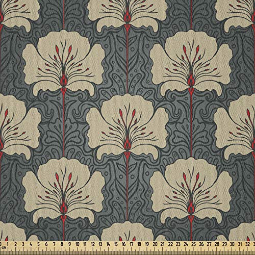ABAKUHAUS Floral Stoff als Meterware, Art Nouveau Mohnblumen, Microfaser Multi Zweck Dekostoff für Kunsthandwerke, 3M (230x300cm), Zinnoberrot Grau Tan