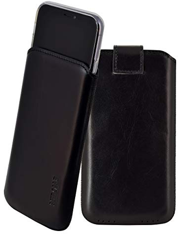 Suncase Etui Tasche kompatibel mit iPhone 11 Pro (5.8) mit ZUSÄTZLICHER Hülle/Schale/Bumper/Silikon *Lasche mit Rückzugfunktion* Handytasche Ledertasche Schutzhülle Case in schwarz