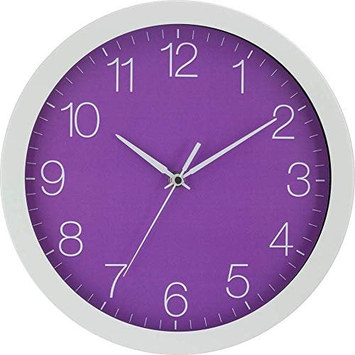 Eurotime Funkwanduhr, 30 cm, Aluminiumgehäuse Weiß, Echtglas, 12-Zahlen Zifferblatt, automatische Zeitein- und Zeitumstellung, für Wohnbereich oder Büro (Lila) 56151-00-2