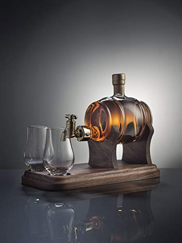 Glass Whisky Barrel Decanter and 2 Glasses