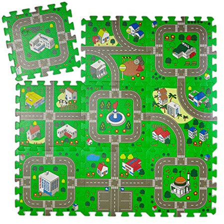 Relaxdays Puzzlematte Straße, 9-teiliger Autoteppich, schadstofffrei, EVA Schaumstoff, Kinderzimmer, BxT: 90x90 cm, bunt