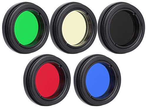 1.25 Inch Telescope Moon Filter Eyepiece Lens Filter Set Red Blue Yellow Green Black Color 1.25 High Contrast Telescope Filter Optical Lens for Lunar Planetary Observation