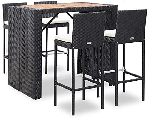 YITHOPI Akazienholz Gartenbar Set 5-TLG. Theke Bar Tresen Gartentheke Bartisch Stehtisch Barhocker Barstuhl Gartenmöbel Poly Rattan Schwarz