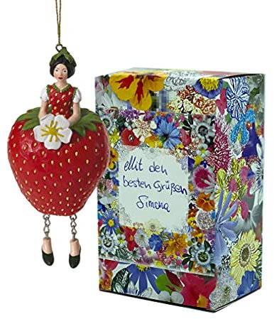 Blumen-Mädchen Erdbeere zum Hängen Elfen-Dekofigur Flower Fairy Figur Blumenfigur Skulptur Blumenkinder in Geschenk-Box