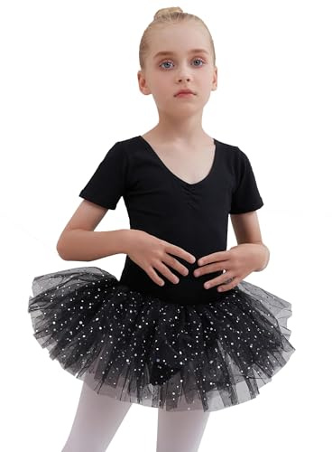 Tancefair Kinder Ballettkleidung Ballettkleid Mädchen Glitzernder Balletttrikot Baumwolle Ballettanzug Tanzkleid Tanzbody mit Glänzendem Rock Tütü