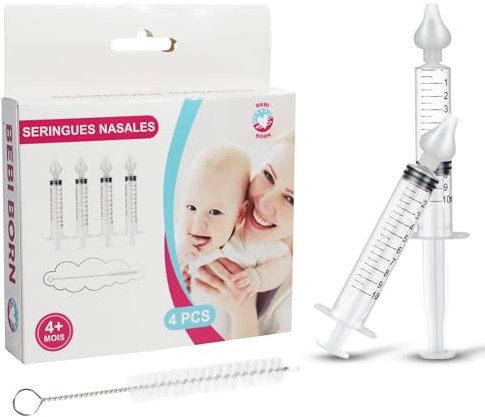 BEBI BORN - Kit Seringue Nasale Bébé - 4 Mouche Bébé Seringue + Brosse Nettoyage + Pochette Transport - Irrigateur Nez Réutilisable avec Embout Silicone - Lavage Nez Nourrisson et Enfant