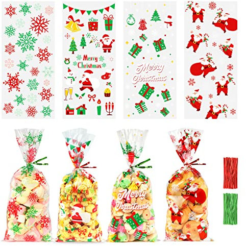 120pcs Sachet Biscuit Noel, Sachets Transparents pour Biscuits Sachet Bonbon Plastique, Sachet Alimentaire Cellophane Sacs de Cadeau Noel avec Cravates Torsadées pour Patisserie Gateau Chocolat