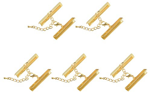 sourcing map 10Set Ribbon Crimp Clamp Ends with Lobster Claw Clasps & Extension Chain, 40mm Cord End Clasps for DIY Craft Making, Gold Tone