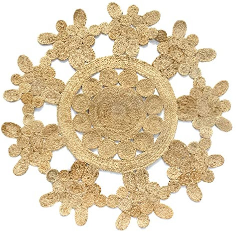 Hamid - Jute Teppich Runden, Rabat, 100% Weiß und Natur, Jutefaser Handgewebt, Weicher Teppich und Hohe Festigkeit für Wohnzimmer, Esszimmer, Schlafzimmer, FlurTeppich - (125x125cm)