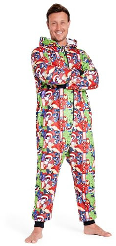 Marvel Onesie Mit Kapuze, Fleece Schlafoverall für Herren Teenager, Jumpsuit Lang - Größen S bis XXL (Mehrfarbig, 2XL)