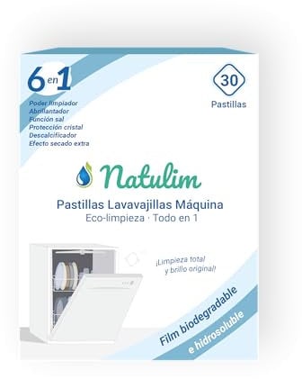 Natulim Pastillas de Lavavajillas Biodegradables e Hidrosolubles 6 en 1, 30 Uds - Limpieza Profunda, Abrillantador, Función Sal, Protección Cristal, Descalcificador, Efecto Secado Extra
