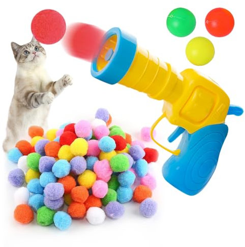 ZOYDP Cat Ball Gun Interactive Toy, Plush Ball Shooting Gun Cat Toy, Cat Toy Balls, 100pcs Colorful Stretch Cat Pompom Ball with 3 Table Tennis Balls for Indoor Cat Exercise, Training, Chasing