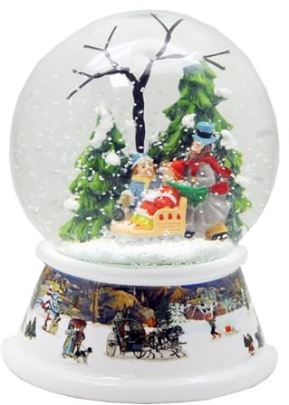 Schneekugel Familie Winterspaziergang auf Sockel nostalgische Schneelandschaft Weihnachten Winter mit Spieluhr - 100mm breit * 20245