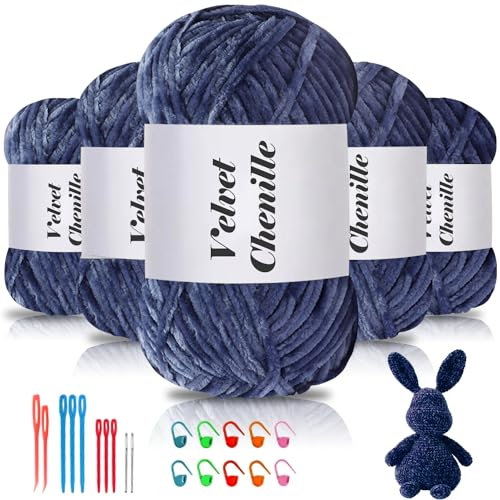 Maxee 500g(5×100g) Samtig Babywolle, Samt Chenille Garn mit Häkelwerkzeuge, Kuschelweich Velvet Chenillegarn Flauschige, Weich Plüschwolle Häkelgarn Wolle zum Stricken & Häkeln-Denim-Blau