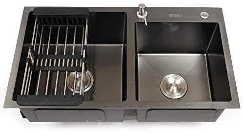 Kitchen Sink Stainless Steel Built-in Sink Black 1 Bowl Large Capacity Double Bowl with Soap Dispenser Colander (78 x 43 cm 2 Basins)