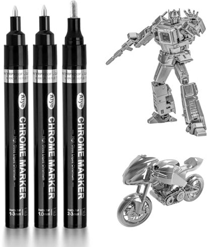 Kigniote Acrylic Paint Pen Silver, 3 PSC Chrom Touch Up Paint Pen, Waterproof Mirror Marker, Silver Permanent Marker for Metal Plastic Graffiti Manicure Colouring Models