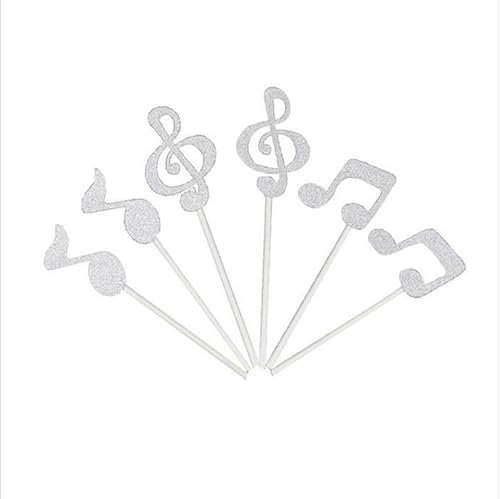 Hrlace 12 Stück Musik Noten Tortendeko Notenschlüssel Kuchen Deko Glitzer Musik Cupcake Topper Kuchen Dekor Picks für Rock Musik Konzert Thema Hochzeit Geburtstag Party Torten Deko Silber