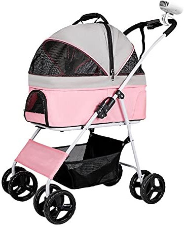 Hunde-/Katzenbuggys, Haustier-Hundebuggy für mittelgroße und kleine Hunde, 20 kg, faltbarer Haustier-/Katzen-/Hundewagen mit Rädern, atmungsaktiver Hundekinderwagen, Haustier-Buggie mit Buggy (Pink)