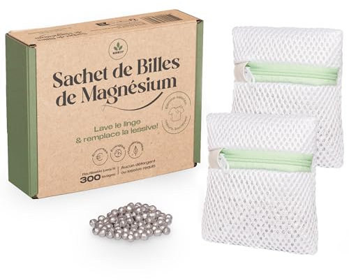 Moonizip Lessive Ecologique, Economique, Hypoallergénique - Réutilisable 300/350 fois - Sachet de billes de magnésium - Lave & remplace la lessive - Sans Détergent Sans Parfum (2 Sachets)