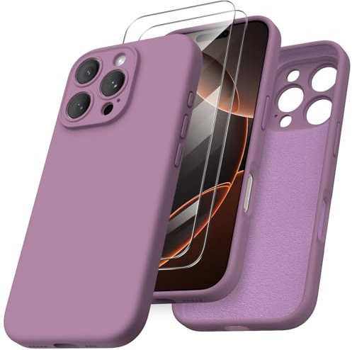 ORNARTO Compatible with iPhone 16 Pro Case 6.3 inch, with 2 x Screen Protector Liquid Silicone Gel Rubber Cover [Full Body] Shockproof Protective iPhone Case for iPhone 16 Pro-Lilac Purple